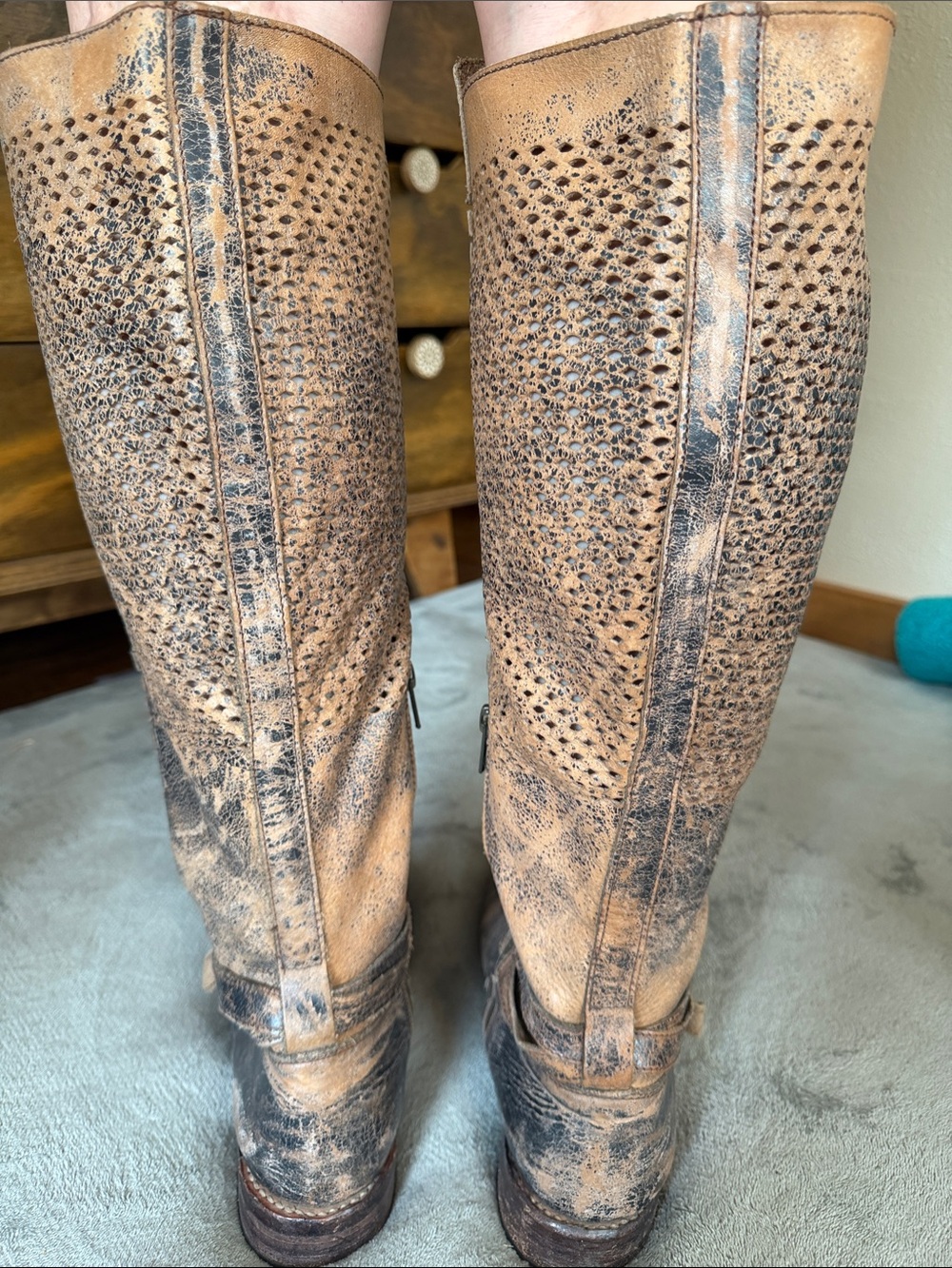 BED|STU Distressed Tan and Brown Perforated Leather Knee Boots - Picture 3 of 5